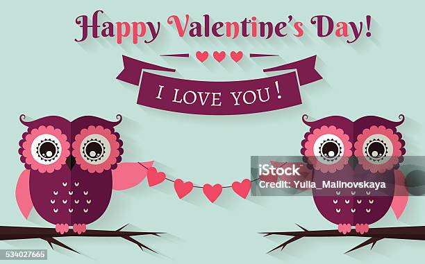 Happy Valentines Day Vector Greeting Card With Flat Owls Stock Illustration - Download Image Now