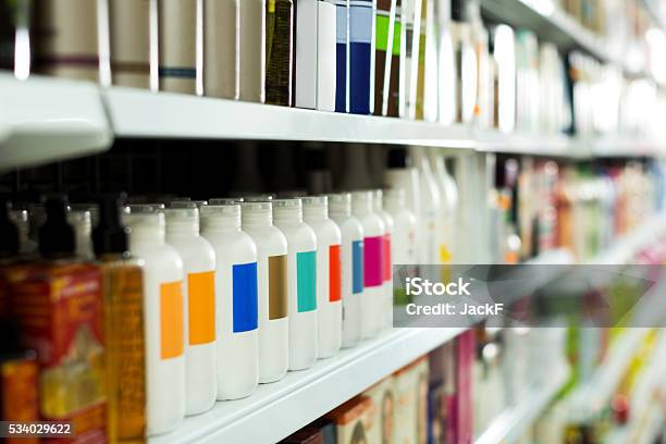 Cosmetic Section With Conditioners Stock Photo - Download Image Now - Merchandise, Body Care, Shelf