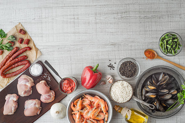 Paella preparatin steps.