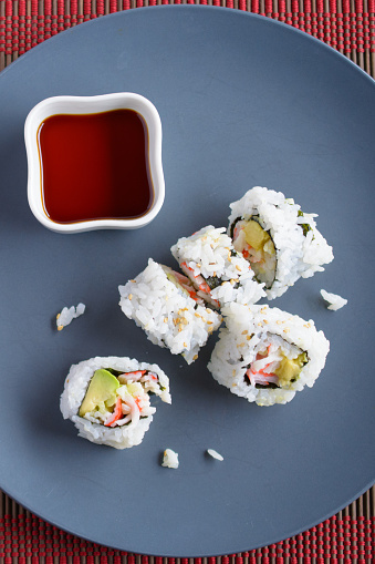 A california roll of sushi ready to serve.