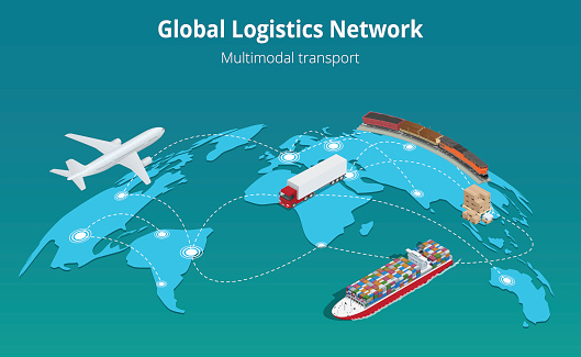 Global logistics network concept. Flat 3d isometric vector illustration. Air cargo, trucking, rail transportation, maritime shipping.