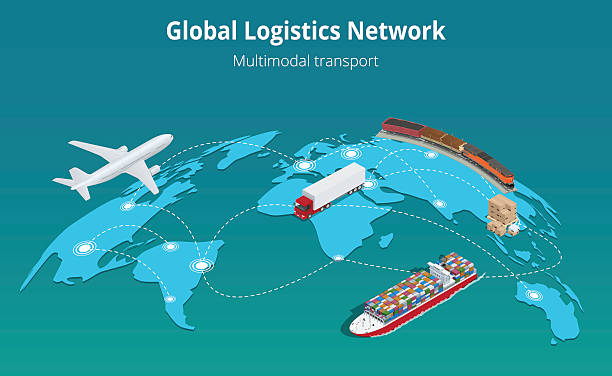 Global logistics network Global logistics network concept. Flat 3d isometric vector illustration. Air cargo, trucking, rail transportation, maritime shipping. ship stock illustrations