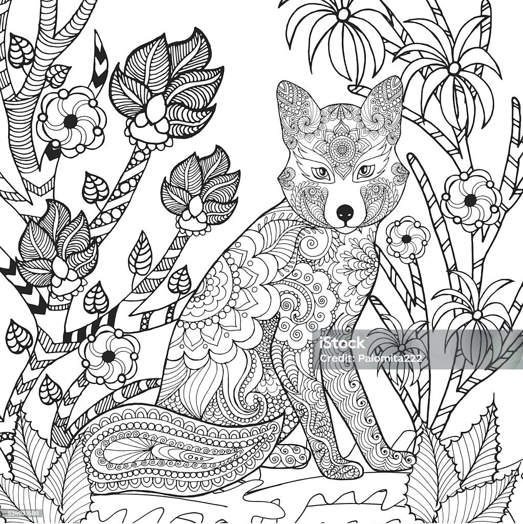 Fox in garden. Hand drawn doodle. Ethnic patterned illustration. Sketch for avatar, tattoo, poster, print or t-shirt. Adult stock vector
