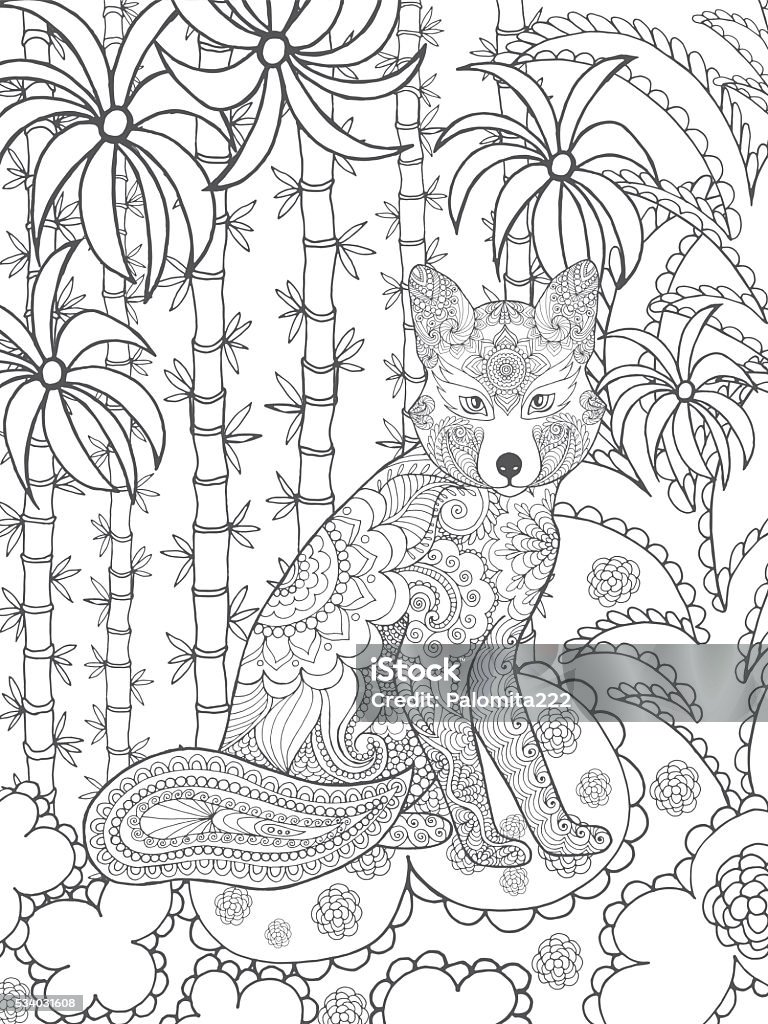 Fox in fantasy garden. Hand drawn doodle. Ethnic patterned illustration. Sketch for avatar, tattoo, poster, print or t-shirt. Coloring stock vector