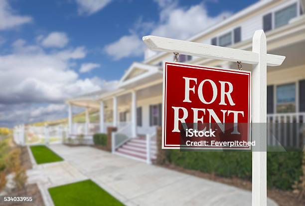 For Rent Real Estate Sign In Front Of House Stock Photo - Download Image Now - House Rental, For Rent Sign, Sign