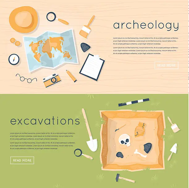 Vector illustration of Archeology science. Historical archeology. Discovering a jug.
