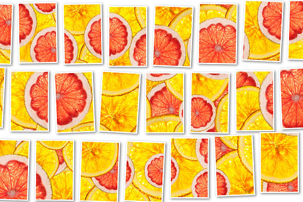 pink grapefruits and oranges mix colorful sliced fruits  collage