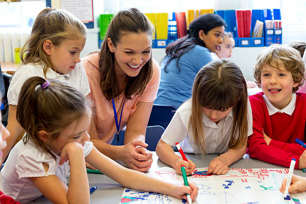 Classmates Drawing Together A classroom of young boys and girls drawing on one large piece of paper. The children are wearing school uniform while their teacher watches. elementary student with teacher stock pictures, royalty-free photos & images