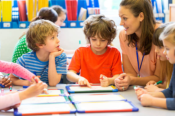 Drawing is Fun A classroom of young boys and girls drawing on individual whiteboards. The school children are working with their teacher. Everyone is wearing casual clothing. kids using smart board stock pictures, royalty-free photos & images