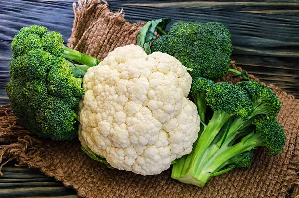 Broccoli, cauliflower and cabbage on a rustic background