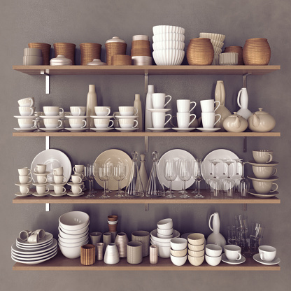 Simple kitchenware at wood shelves on concrete wall. Frontal view.