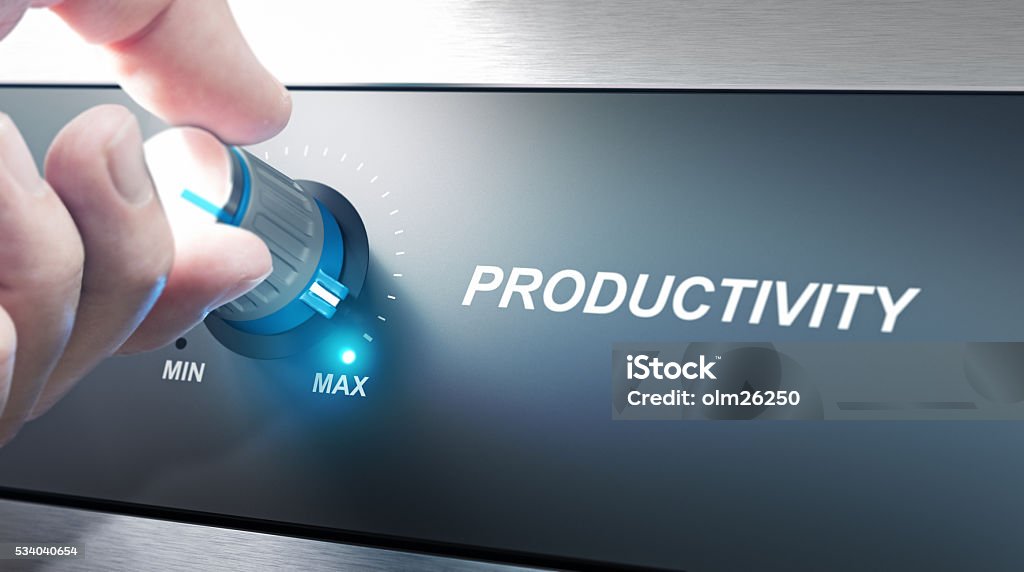 Productivity Management and Improvement Hand turning a productivity knob. Concept for productivity management. Composite image between an photography and a 3D background. Efficiency Stock Photo