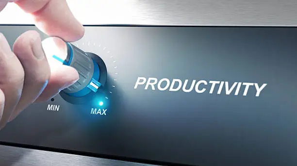 Hand turning a productivity knob. Concept for productivity management. Composite image between an photography and a 3D background.