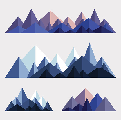 Mountains low poly style illustration. Vector set of origami mountain ridges. Triangular abstract landscape. EPS 10