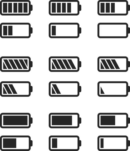 Simple black icons of batteries charge level Set of simple black icons of batteries with different charge level isolated on white battery illustrations stock illustrations