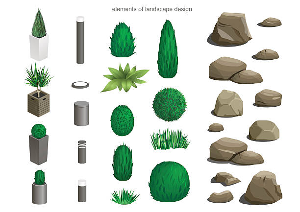 Set of landscape elements Set of landscape elements lamps, stones, flower beds, plants for the design of the garden or the park isometric thuja occidentalis stock illustrations