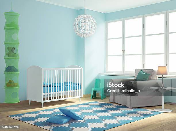 Blue Nursery Baby Room With Rug Stock Photo - Download Image Now - Baby - Human Age, Nursery - Bedroom, Domestic Room