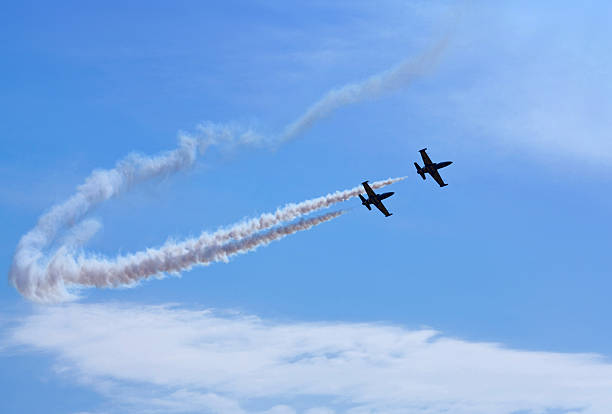Aerobatic team in action Moscow, Russia - August 22, 2009: Aerobatic team performing at the exhibition "MAKS" in Moscow, Russia. moscow international air show stock pictures, royalty-free photos & images