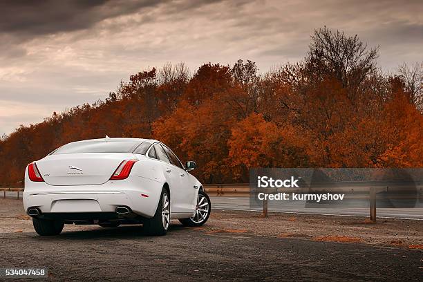 Whtie Jaguar Xj Car Stay On Wet Asphalt Road Stock Photo - Download Image Now - Jaguar Car, Car, Road