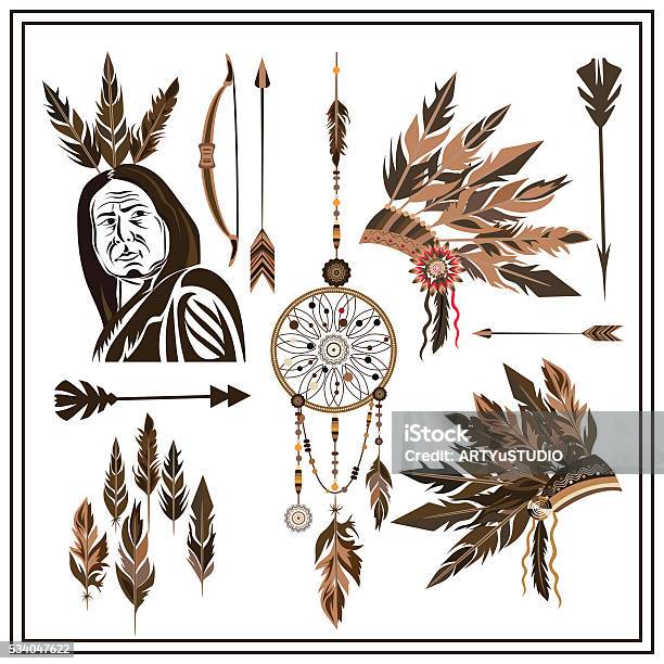 Set Of Ethnic Style Arrows Feathers Beads Bow Stock Illustration - Download Image Now - Ancient, Arrow - Bow and Arrow, Arts Culture and Entertainment