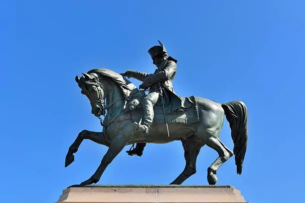 The statue of Napoleon III on his horse Marengo completed in 1855 sits in Cherbourg, France with Napoleon pointing to the harbor which can't be seen from here any longer
