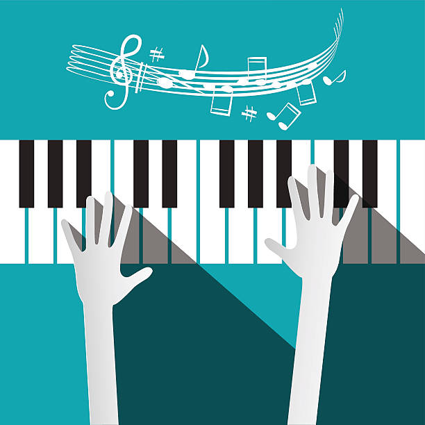 ilustraciones, imágenes clip art, dibujos animados e iconos de stock de manos en el teclado de piano con imágenes y las notas - musical staff music piano blue