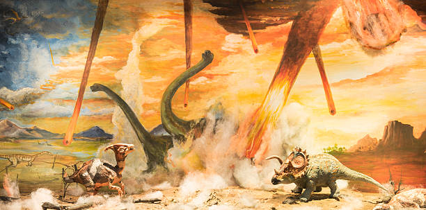 Dinosaur Dinosaurs escaping or dying because of heat and fire due to a big meteorite crash cretaceous photos stock pictures, royalty-free photos & images