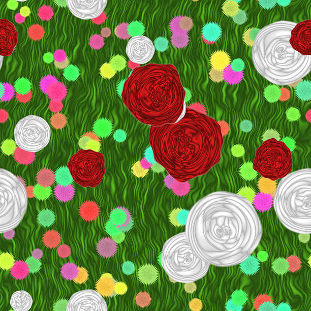 Painted flowers on green meadow - background texture