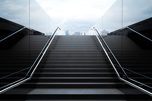 Empty black stairs in pedestrian subway with dull sky. 3D Render