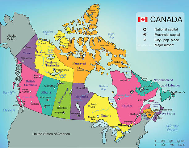 ilustraciones, imágenes clip art, dibujos animados e iconos de stock de canadá mapa con las regiones. todos los territorios están seleccionable. vectorial - saskatchewan province canada flag