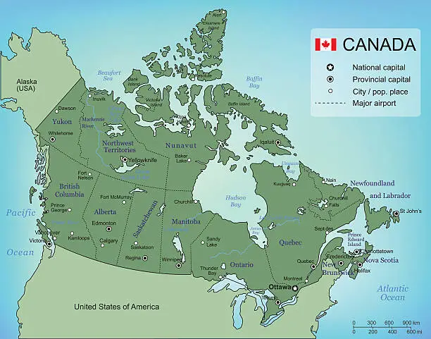 Vector illustration of Canada map with provinces. All territories are selectable. Vector