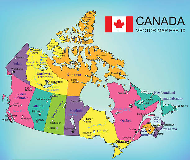 ilustraciones, imágenes clip art, dibujos animados e iconos de stock de canadá mapa con las regiones. todos los territorios están seleccionable. vectorial - saskatchewan province canada flag