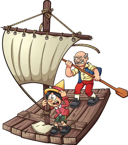 Vector illustration of Pinocchio on a raft