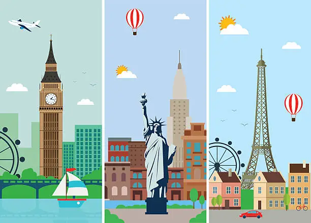 Vector illustration of Cities skylines design with landmarks. London, Paris and New York