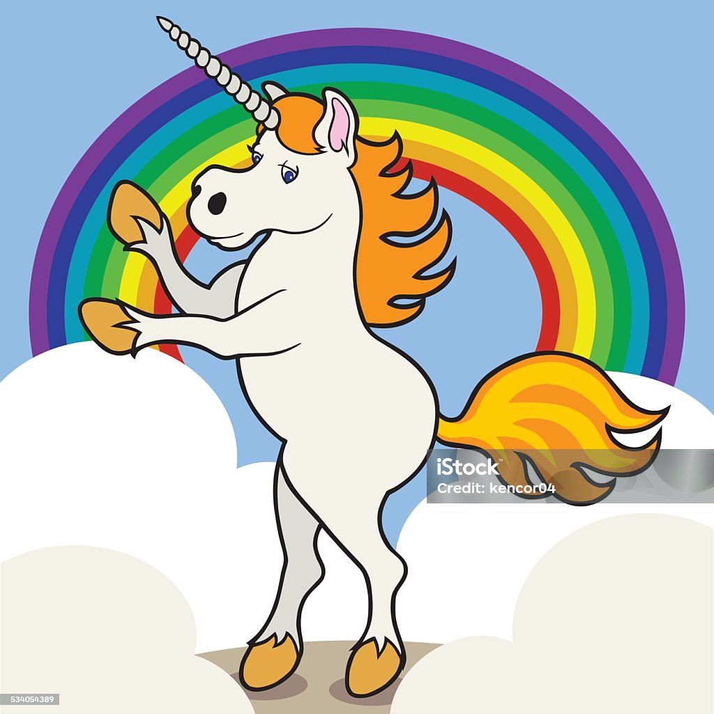 Unicorn Unicorn rearing in front of rainbow and clouds 2015 stock vector