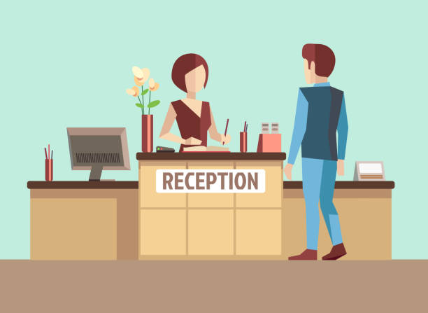 ilustrações de stock, clip art, desenhos animados e ícones de cliente na recepção. vetor conceito em estilo plano de - hotel desk reception