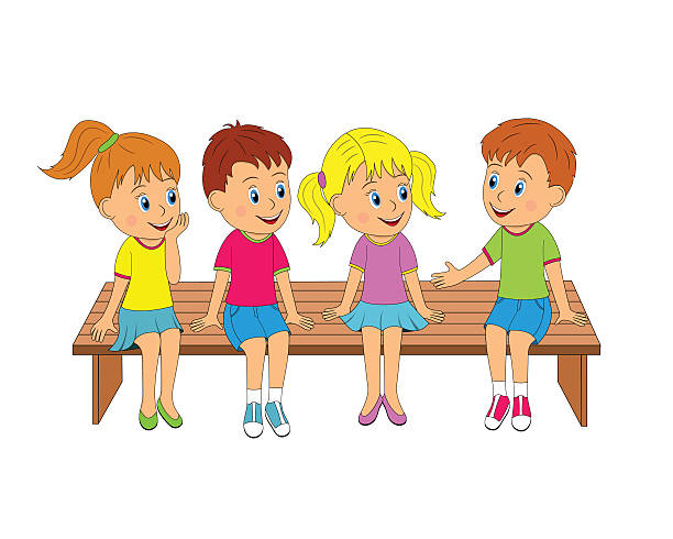 boys and girls on the bench children,boys and girls on the bench,communicate, illustration, vector boy getting dressed for school stock illustrations