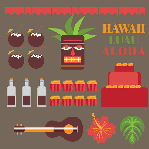 인쇄 가능한 ~세트 하와이 파티라는 요소. 템플릿 루아우 초대 - garland hawaii islands hawaiian culture party stock illustrations