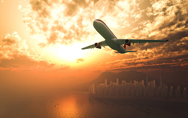 istock Airplane flying over the city sunrise 3d rendering 534056228
