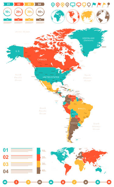 illustrazioni stock, clip art, cartoni animati e icone di tendenza di colorata infografica mappa di nord e sud america - chile map topography topographic map