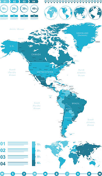 illustrazioni stock, clip art, cartoni animati e icone di tendenza di infografica mappa di nord e sud america - chile map topography topographic map