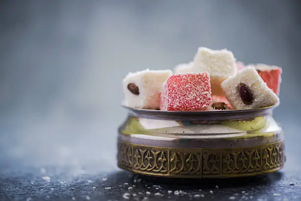 Almond and Rose Turkish delight in oriental silver bowl