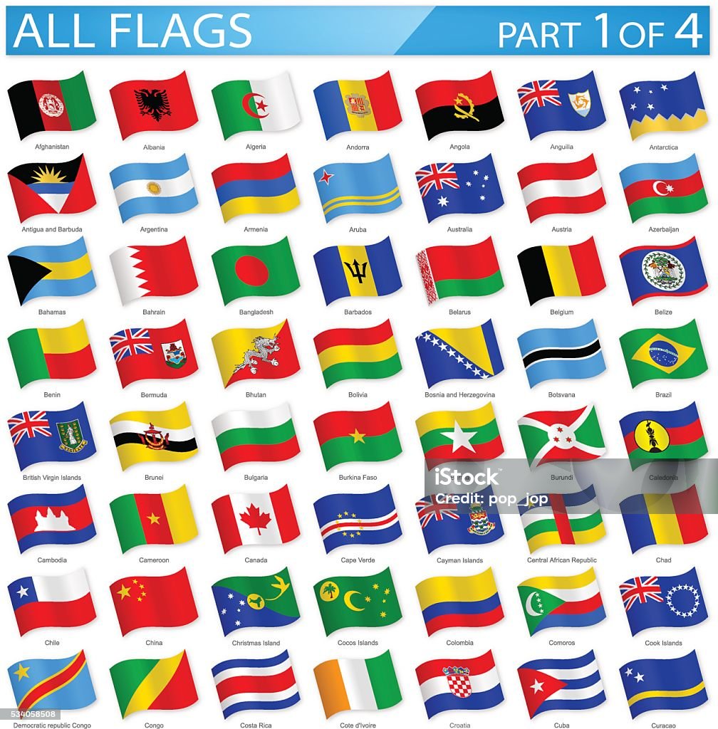 All World Flags - Waving Icons - Illustration Full Collection of World Flags in Alphabetical Order National Flag stock vector