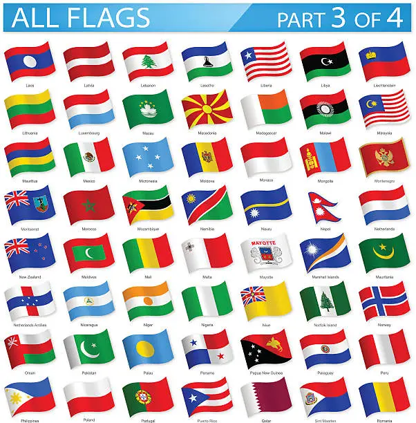 Vector illustration of All World Flags - Waving Icons - Illustration