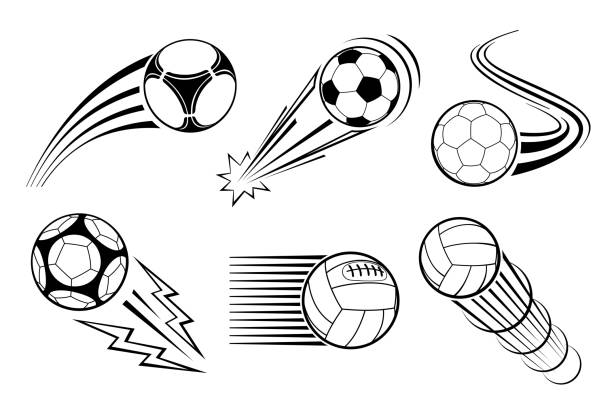 Soccer and football balls for labels emblems. Vector elements set Soccer and football balls for labels and emblems. Vector elements set. Football emblem, label ball soccer, sport football, game football, play football logo illustration clip art of a flying soccer ball stock illustrations