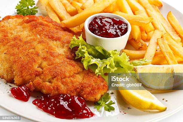 Pork Chop French Fries And Vegetables Stock Photo - Download Image Now - 2015, Boiled Potato, Color Image