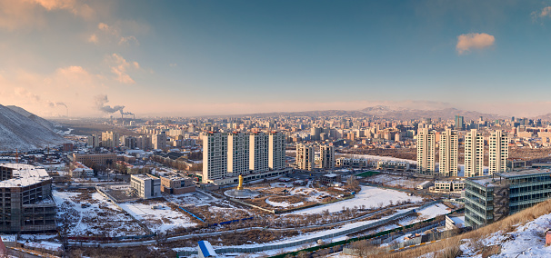 Panoramic view of Ulaanbaatar at sunset on a cold winter day. Ulaanbaatar. Mongolia.