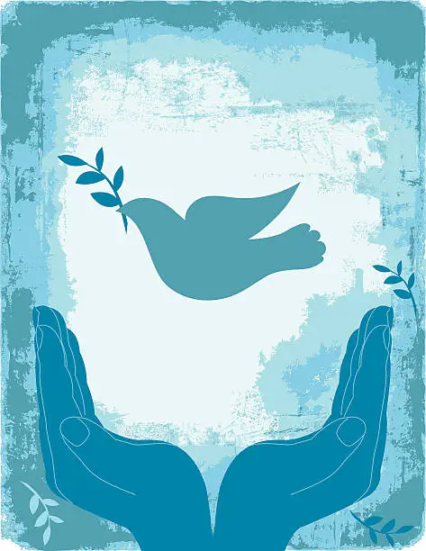Vector illustration of Blue Cupped Hands With Peace Dove