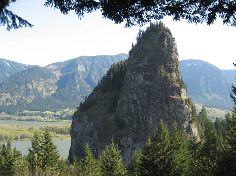 Looking at Beacon Rock from the Washington side of the Columbia River Gorge.