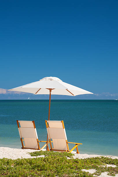 istock white empty chairs with umbrella at a beach in Florida 534084841